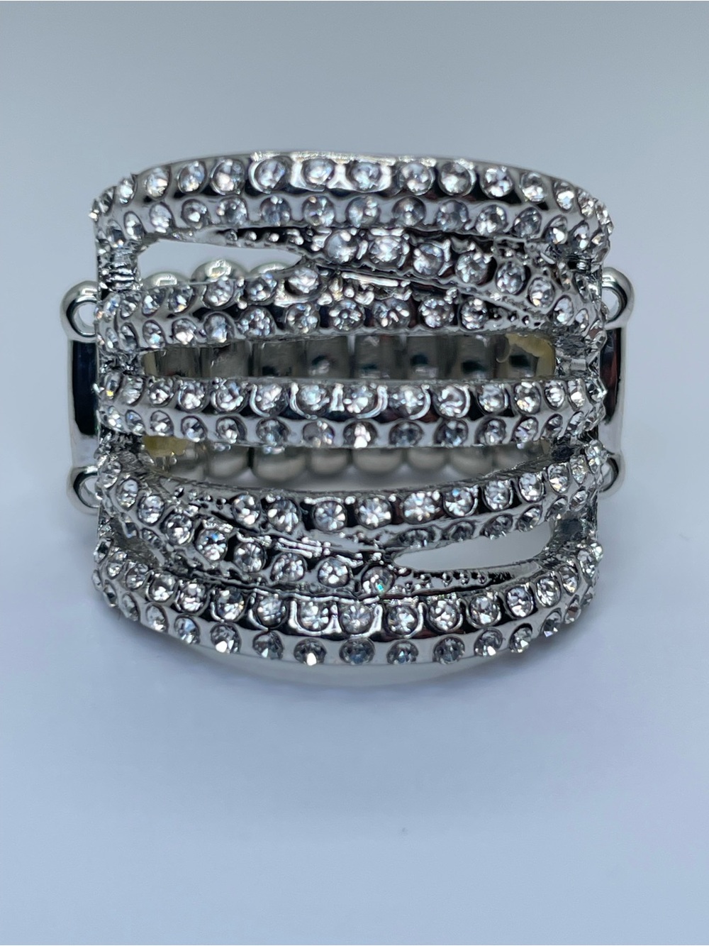 Silver Tone Crystal Stretch Ring Wide Band Statement Glam Sparkle